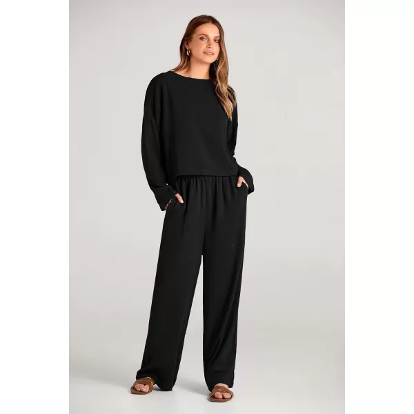 imagePRETTYGARDEN Womens 2023 Fall 2 Piece Outfit Tracksuits Casual Linen Long Sleeve Tops And Wide Leg Pants Lounge SetsBlack