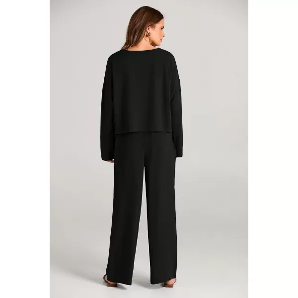 imagePRETTYGARDEN Womens 2023 Fall 2 Piece Outfit Tracksuits Casual Linen Long Sleeve Tops And Wide Leg Pants Lounge SetsBlack