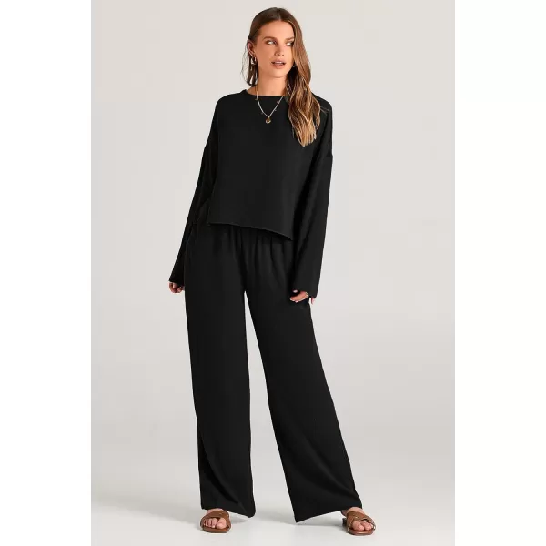 imagePRETTYGARDEN Womens 2023 Fall 2 Piece Outfit Tracksuits Casual Linen Long Sleeve Tops And Wide Leg Pants Lounge SetsBlack