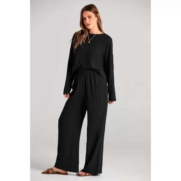 imagePRETTYGARDEN Womens 2023 Fall 2 Piece Outfit Tracksuits Casual Linen Long Sleeve Tops And Wide Leg Pants Lounge SetsBlack