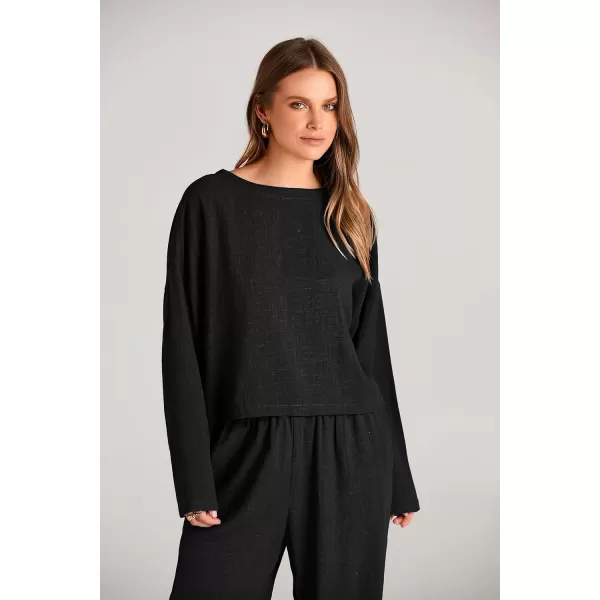 imagePRETTYGARDEN Womens 2023 Fall 2 Piece Outfit Tracksuits Casual Linen Long Sleeve Tops And Wide Leg Pants Lounge SetsBlack