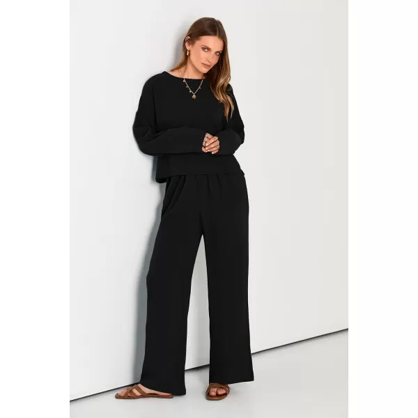 imagePRETTYGARDEN Womens 2023 Fall 2 Piece Outfit Tracksuits Casual Linen Long Sleeve Tops And Wide Leg Pants Lounge SetsBlack