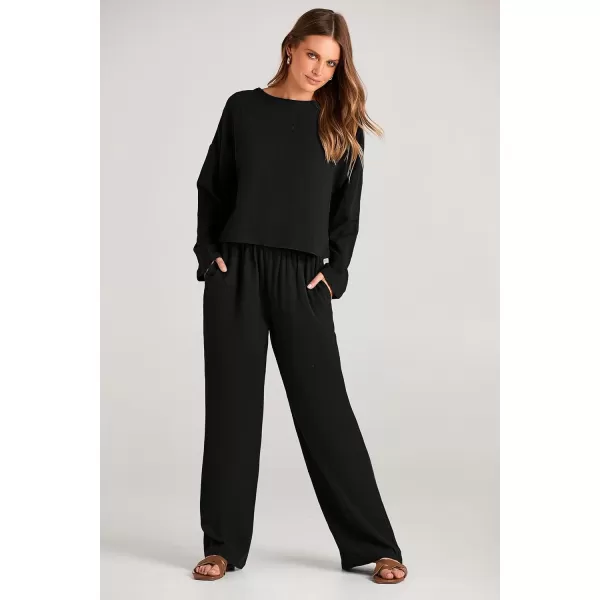imagePRETTYGARDEN Womens 2023 Fall 2 Piece Outfit Tracksuits Casual Linen Long Sleeve Tops And Wide Leg Pants Lounge SetsBlack