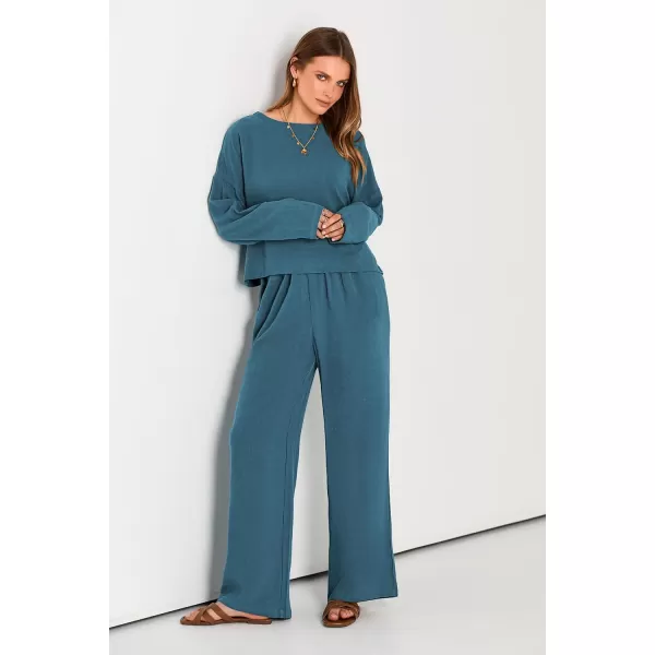 imagePRETTYGARDEN Womens 2023 Fall 2 Piece Outfit Tracksuits Casual Linen Long Sleeve Tops And Wide Leg Pants Lounge SetsBlue