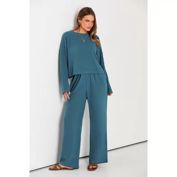 imagePRETTYGARDEN Womens 2023 Fall 2 Piece Outfit Tracksuits Casual Linen Long Sleeve Tops And Wide Leg Pants Lounge SetsBlue