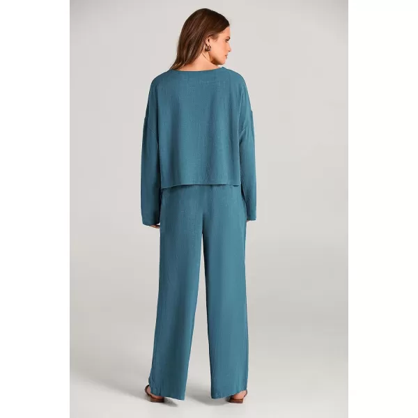 imagePRETTYGARDEN Womens 2023 Fall 2 Piece Outfit Tracksuits Casual Linen Long Sleeve Tops And Wide Leg Pants Lounge SetsBlue