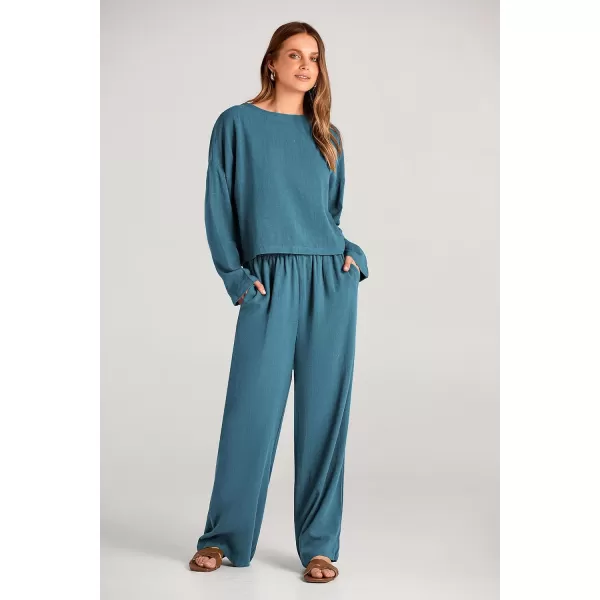 imagePRETTYGARDEN Womens 2023 Fall 2 Piece Outfit Tracksuits Casual Linen Long Sleeve Tops And Wide Leg Pants Lounge SetsBlue