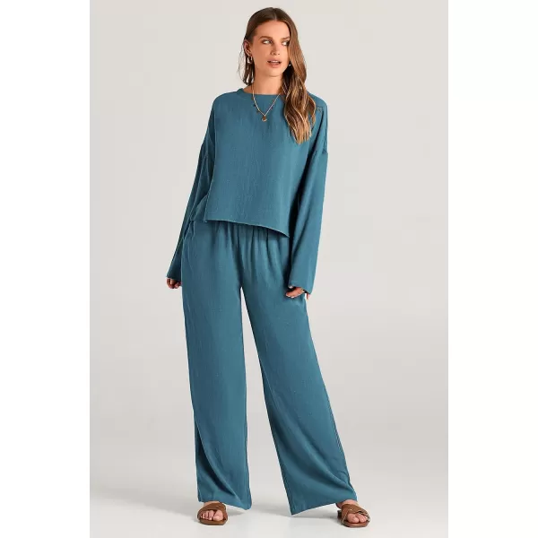 imagePRETTYGARDEN Womens 2023 Fall 2 Piece Outfit Tracksuits Casual Linen Long Sleeve Tops And Wide Leg Pants Lounge SetsBlue