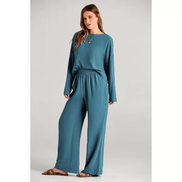imagePRETTYGARDEN Womens 2023 Fall 2 Piece Outfit Tracksuits Casual Linen Long Sleeve Tops And Wide Leg Pants Lounge SetsBlue