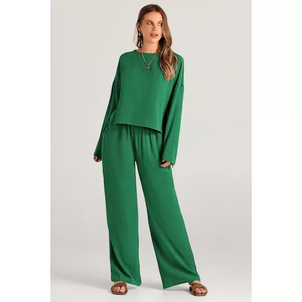 imagePRETTYGARDEN Womens 2023 Fall 2 Piece Outfit Tracksuits Casual Linen Long Sleeve Tops And Wide Leg Pants Lounge SetsGreen