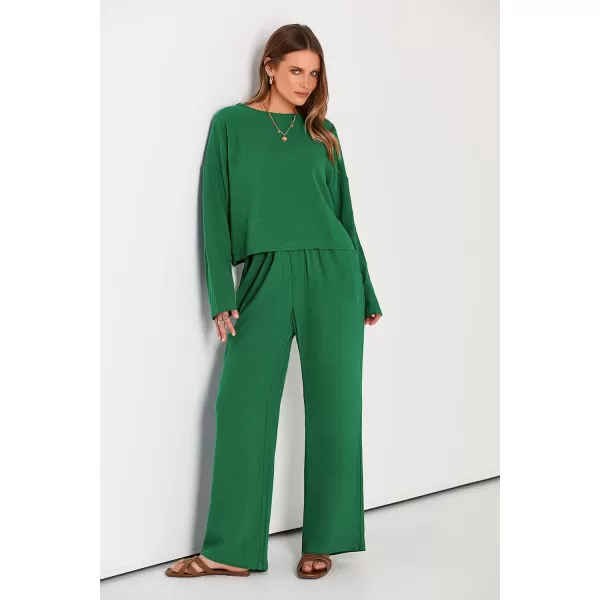 imagePRETTYGARDEN Womens 2023 Fall 2 Piece Outfit Tracksuits Casual Linen Long Sleeve Tops And Wide Leg Pants Lounge SetsGreen