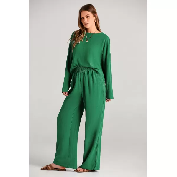 imagePRETTYGARDEN Womens 2023 Fall 2 Piece Outfit Tracksuits Casual Linen Long Sleeve Tops And Wide Leg Pants Lounge SetsGreen