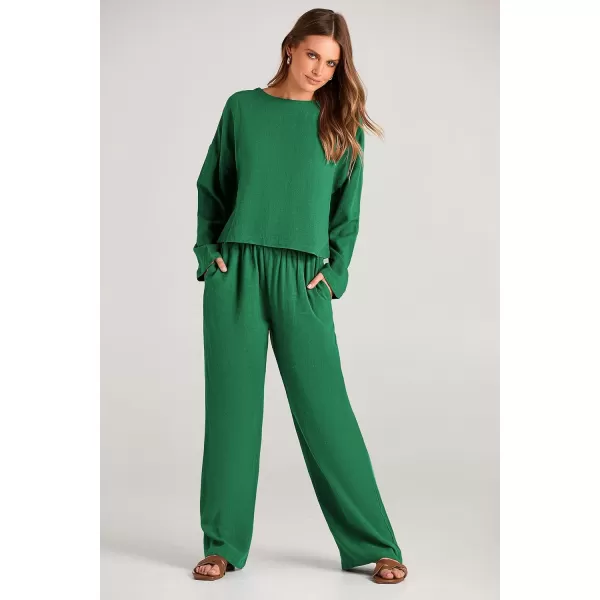 imagePRETTYGARDEN Womens 2023 Fall 2 Piece Outfit Tracksuits Casual Linen Long Sleeve Tops And Wide Leg Pants Lounge SetsGreen
