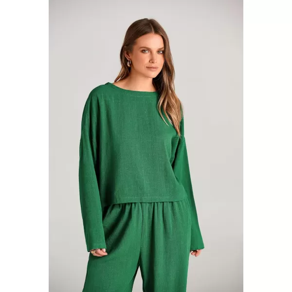 imagePRETTYGARDEN Womens 2023 Fall 2 Piece Outfit Tracksuits Casual Linen Long Sleeve Tops And Wide Leg Pants Lounge SetsGreen