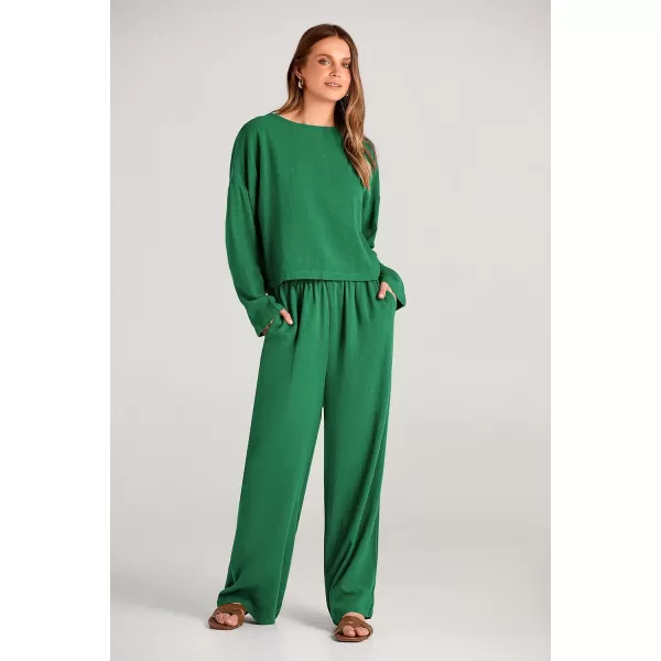 imagePRETTYGARDEN Womens 2023 Fall 2 Piece Outfit Tracksuits Casual Linen Long Sleeve Tops And Wide Leg Pants Lounge SetsGreen