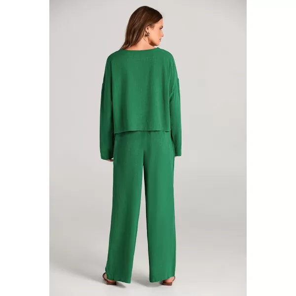 imagePRETTYGARDEN Womens 2023 Fall 2 Piece Outfit Tracksuits Casual Linen Long Sleeve Tops And Wide Leg Pants Lounge SetsGreen