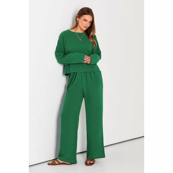 imagePRETTYGARDEN Womens 2023 Fall 2 Piece Outfit Tracksuits Casual Linen Long Sleeve Tops And Wide Leg Pants Lounge SetsGreen