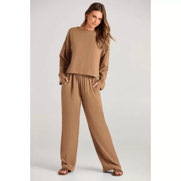 imagePRETTYGARDEN Womens 2023 Fall 2 Piece Outfit Tracksuits Casual Linen Long Sleeve Tops And Wide Leg Pants Lounge SetsKhaki