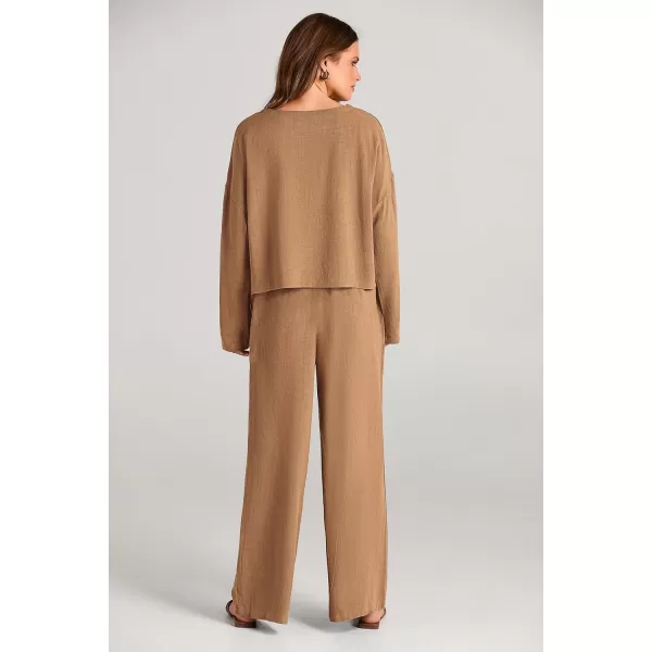 imagePRETTYGARDEN Womens 2023 Fall 2 Piece Outfit Tracksuits Casual Linen Long Sleeve Tops And Wide Leg Pants Lounge SetsKhaki