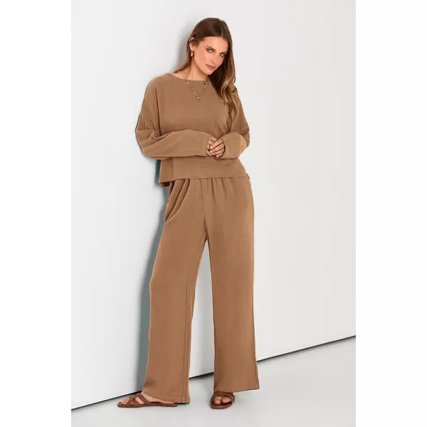 imagePRETTYGARDEN Womens 2023 Fall 2 Piece Outfit Tracksuits Casual Linen Long Sleeve Tops And Wide Leg Pants Lounge SetsKhaki