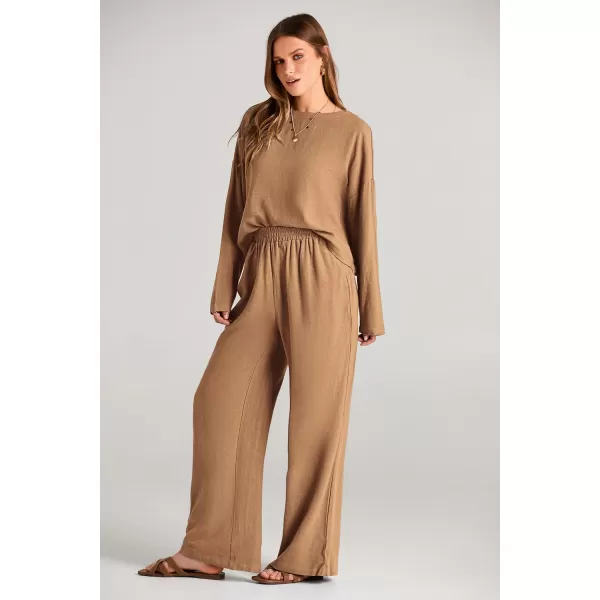 imagePRETTYGARDEN Womens 2023 Fall 2 Piece Outfit Tracksuits Casual Linen Long Sleeve Tops And Wide Leg Pants Lounge SetsKhaki