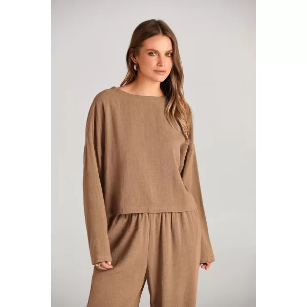 imagePRETTYGARDEN Womens 2023 Fall 2 Piece Outfit Tracksuits Casual Linen Long Sleeve Tops And Wide Leg Pants Lounge SetsKhaki