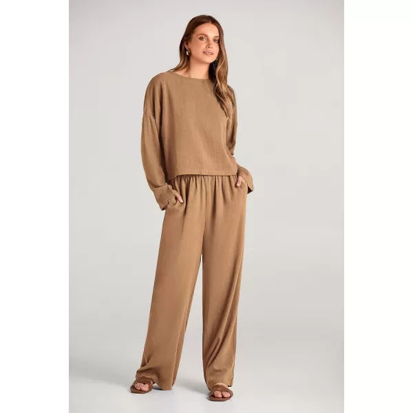 imagePRETTYGARDEN Womens 2023 Fall 2 Piece Outfit Tracksuits Casual Linen Long Sleeve Tops And Wide Leg Pants Lounge SetsKhaki