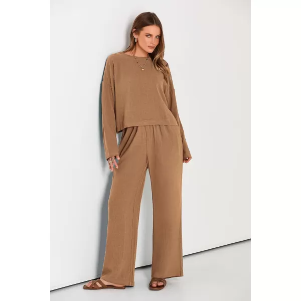 imagePRETTYGARDEN Womens 2023 Fall 2 Piece Outfit Tracksuits Casual Linen Long Sleeve Tops And Wide Leg Pants Lounge SetsKhaki