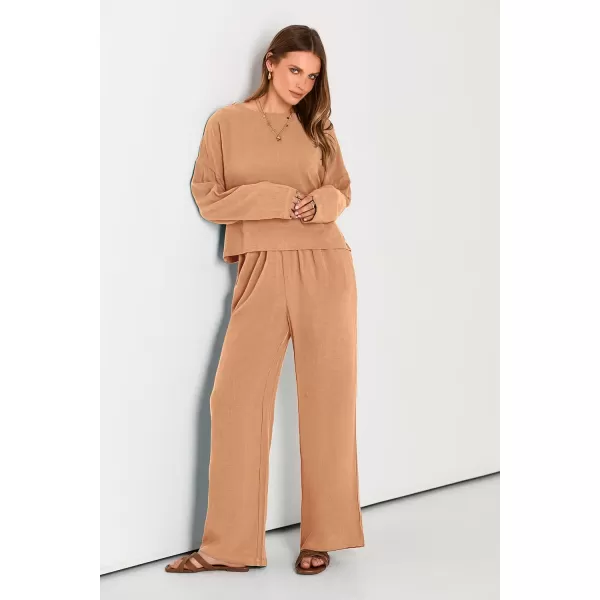 imagePRETTYGARDEN Womens 2023 Fall 2 Piece Outfit Tracksuits Casual Linen Long Sleeve Tops And Wide Leg Pants Lounge SetsOrange