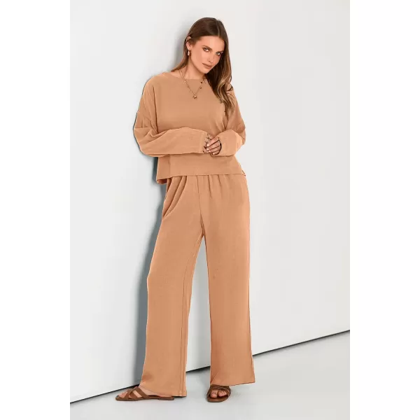 imagePRETTYGARDEN Womens 2023 Fall 2 Piece Outfit Tracksuits Casual Linen Long Sleeve Tops And Wide Leg Pants Lounge SetsOrange