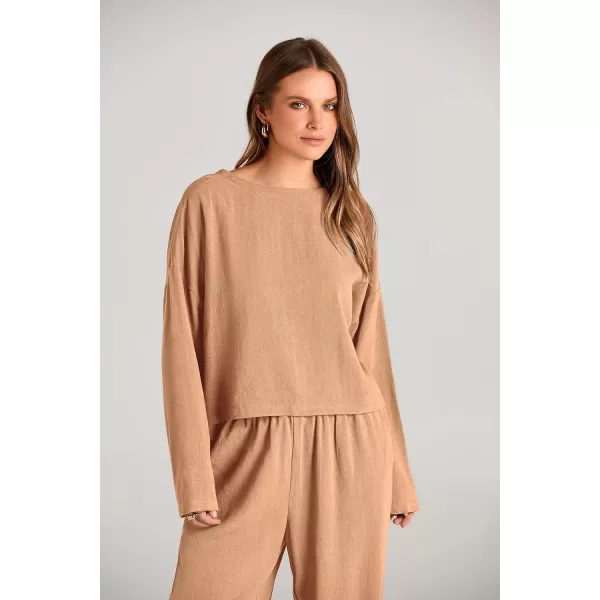 imagePRETTYGARDEN Womens 2023 Fall 2 Piece Outfit Tracksuits Casual Linen Long Sleeve Tops And Wide Leg Pants Lounge SetsOrange