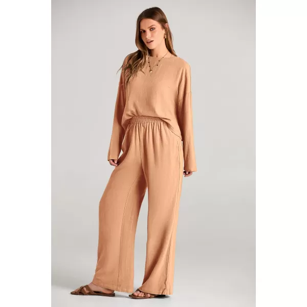 imagePRETTYGARDEN Womens 2023 Fall 2 Piece Outfit Tracksuits Casual Linen Long Sleeve Tops And Wide Leg Pants Lounge SetsOrange