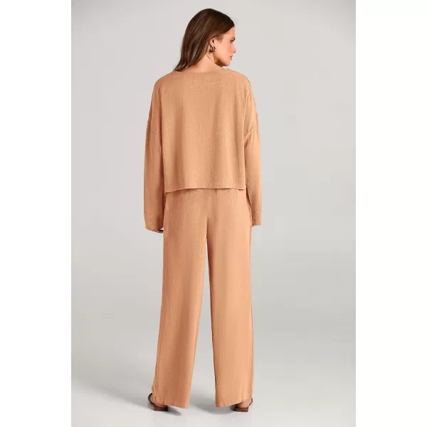 imagePRETTYGARDEN Womens 2023 Fall 2 Piece Outfit Tracksuits Casual Linen Long Sleeve Tops And Wide Leg Pants Lounge SetsOrange