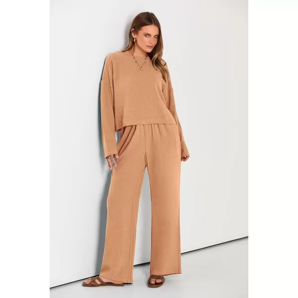 imagePRETTYGARDEN Womens 2023 Fall 2 Piece Outfit Tracksuits Casual Linen Long Sleeve Tops And Wide Leg Pants Lounge SetsOrange
