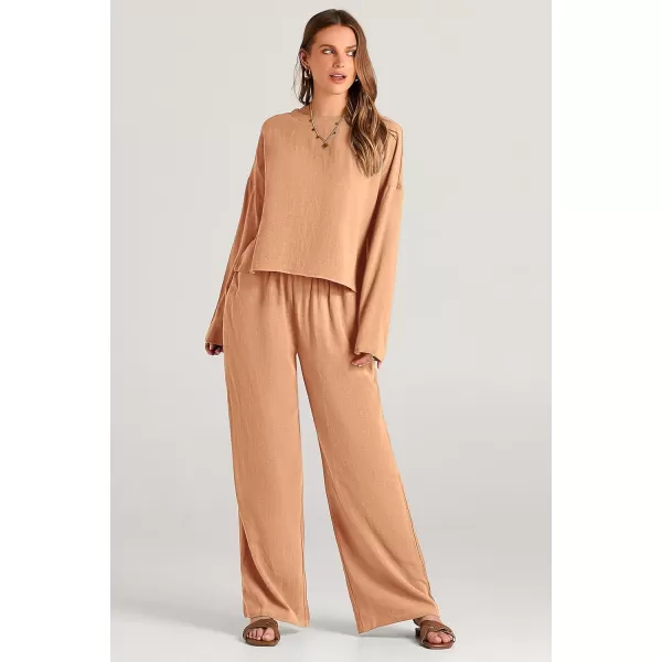 imagePRETTYGARDEN Womens 2023 Fall 2 Piece Outfit Tracksuits Casual Linen Long Sleeve Tops And Wide Leg Pants Lounge SetsOrange
