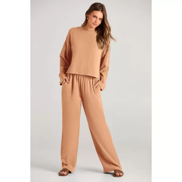 imagePRETTYGARDEN Womens 2023 Fall 2 Piece Outfit Tracksuits Casual Linen Long Sleeve Tops And Wide Leg Pants Lounge SetsOrange