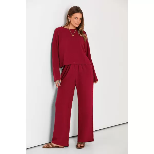 imagePRETTYGARDEN Womens 2023 Fall 2 Piece Outfit Tracksuits Casual Linen Long Sleeve Tops And Wide Leg Pants Lounge SetsRed