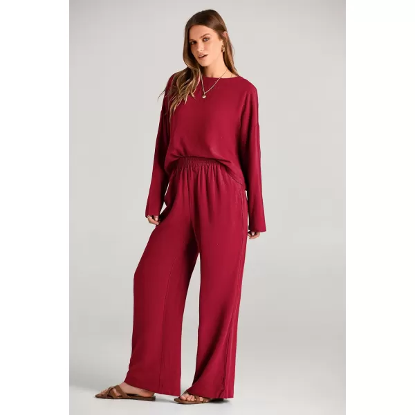 imagePRETTYGARDEN Womens 2023 Fall 2 Piece Outfit Tracksuits Casual Linen Long Sleeve Tops And Wide Leg Pants Lounge SetsRed