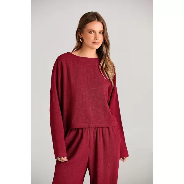 imagePRETTYGARDEN Womens 2023 Fall 2 Piece Outfit Tracksuits Casual Linen Long Sleeve Tops And Wide Leg Pants Lounge SetsRed