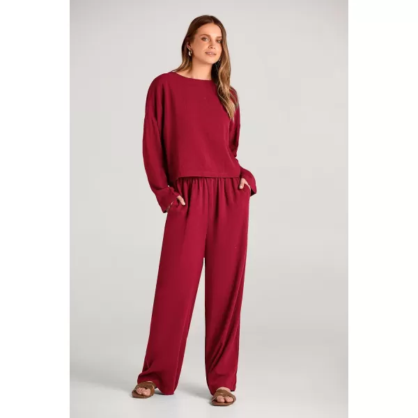 imagePRETTYGARDEN Womens 2023 Fall 2 Piece Outfit Tracksuits Casual Linen Long Sleeve Tops And Wide Leg Pants Lounge SetsRed