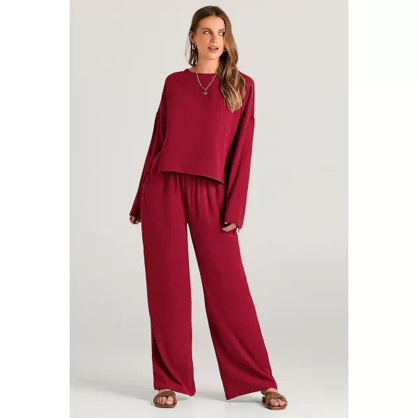 imagePRETTYGARDEN Womens 2023 Fall 2 Piece Outfit Tracksuits Casual Linen Long Sleeve Tops And Wide Leg Pants Lounge SetsRed