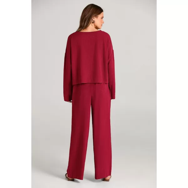 imagePRETTYGARDEN Womens 2023 Fall 2 Piece Outfit Tracksuits Casual Linen Long Sleeve Tops And Wide Leg Pants Lounge SetsRed
