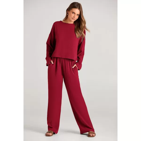imagePRETTYGARDEN Womens 2023 Fall 2 Piece Outfit Tracksuits Casual Linen Long Sleeve Tops And Wide Leg Pants Lounge SetsRed