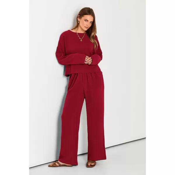 imagePRETTYGARDEN Womens 2023 Fall 2 Piece Outfit Tracksuits Casual Linen Long Sleeve Tops And Wide Leg Pants Lounge SetsRed