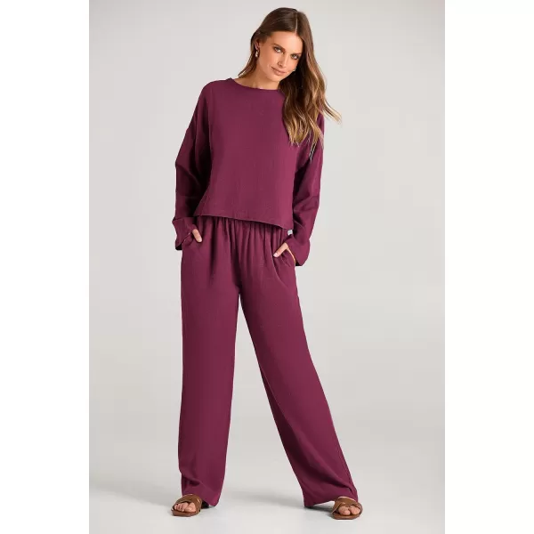 imagePRETTYGARDEN Womens 2023 Fall 2 Piece Outfit Tracksuits Casual Linen Long Sleeve Tops And Wide Leg Pants Lounge SetsWine Red