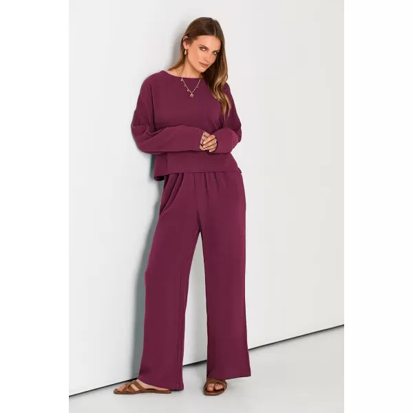 imagePRETTYGARDEN Womens 2023 Fall 2 Piece Outfit Tracksuits Casual Linen Long Sleeve Tops And Wide Leg Pants Lounge SetsWine Red