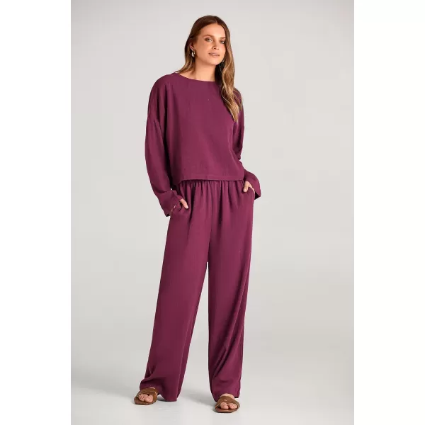 imagePRETTYGARDEN Womens 2023 Fall 2 Piece Outfit Tracksuits Casual Linen Long Sleeve Tops And Wide Leg Pants Lounge SetsWine Red