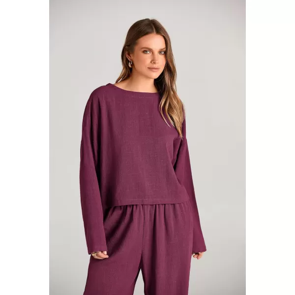 imagePRETTYGARDEN Womens 2023 Fall 2 Piece Outfit Tracksuits Casual Linen Long Sleeve Tops And Wide Leg Pants Lounge SetsWine Red