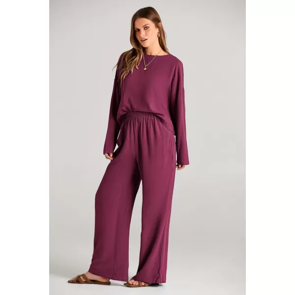 imagePRETTYGARDEN Womens 2023 Fall 2 Piece Outfit Tracksuits Casual Linen Long Sleeve Tops And Wide Leg Pants Lounge SetsWine Red