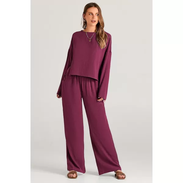 imagePRETTYGARDEN Womens 2023 Fall 2 Piece Outfit Tracksuits Casual Linen Long Sleeve Tops And Wide Leg Pants Lounge SetsWine Red